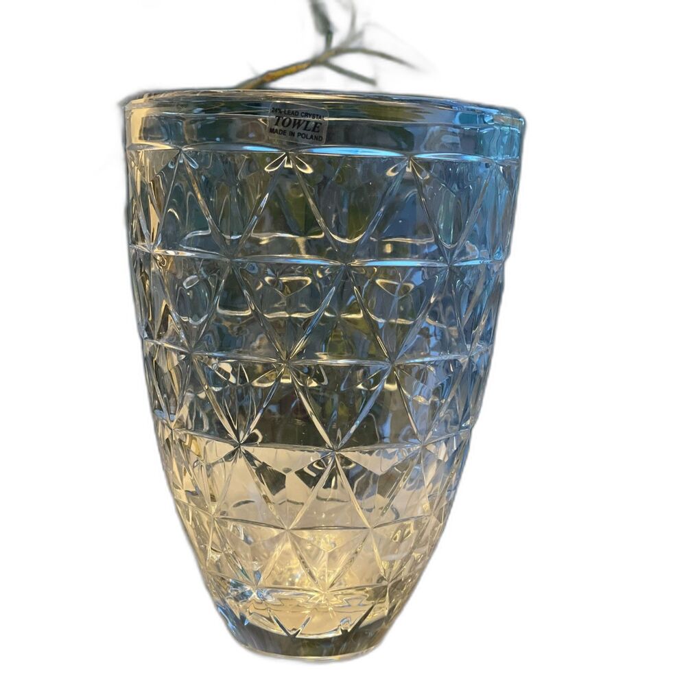 Heavy Towle 24% Lead Cut Crystal Vase 10" Geometric Diamond Pattern Poland